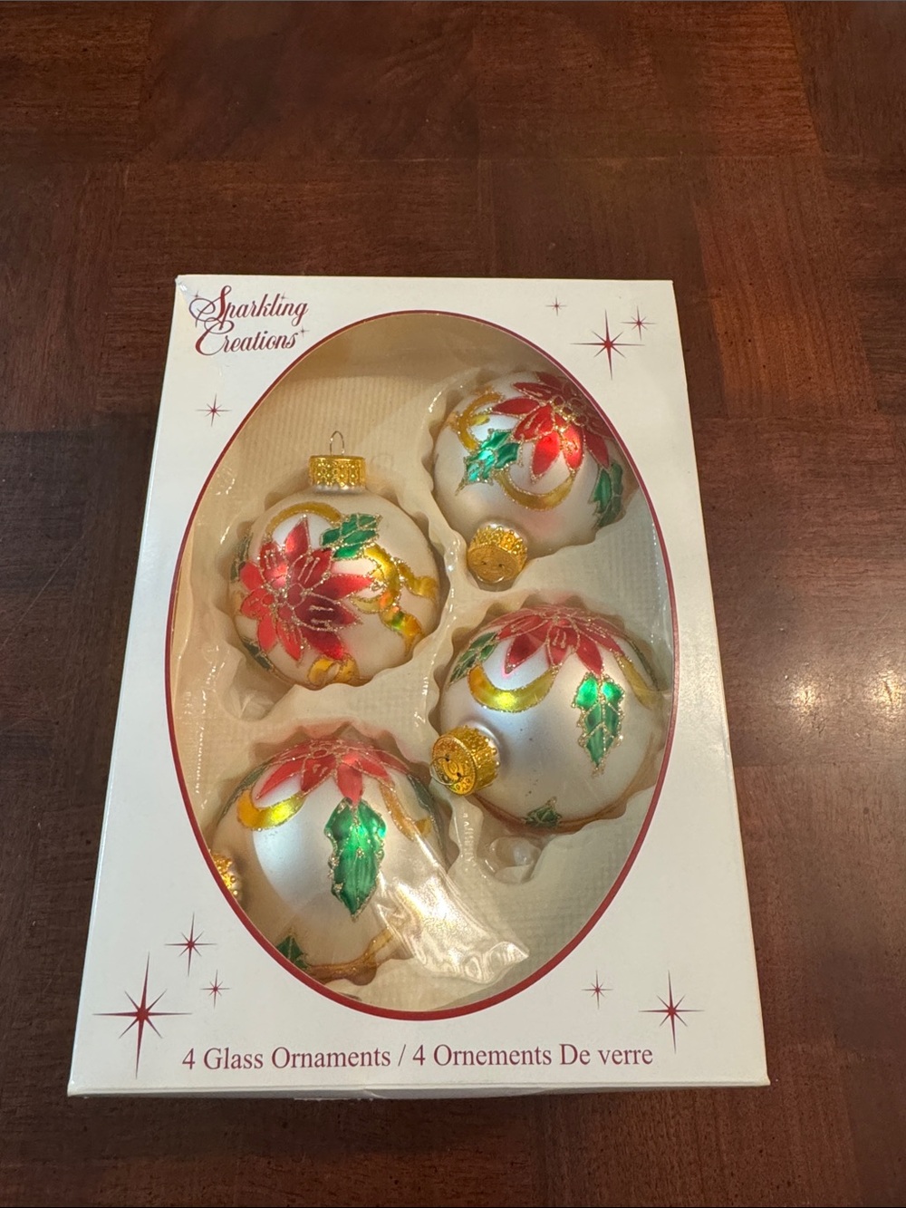 Poinsettia Glass Bown Ornaments in Box Set of 4 Made in Mexico